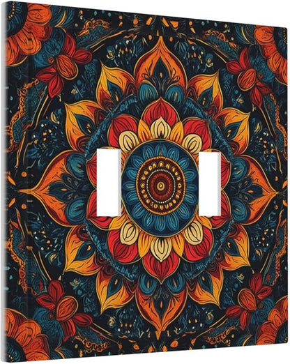 Boho Colorful Mandala 2 Gang Double Toggle Light Switch Cover Decorative Switchplate Electrical Wall Plates Faceplate for Bathroom Bedroom Decor 4.9 X 5 IN