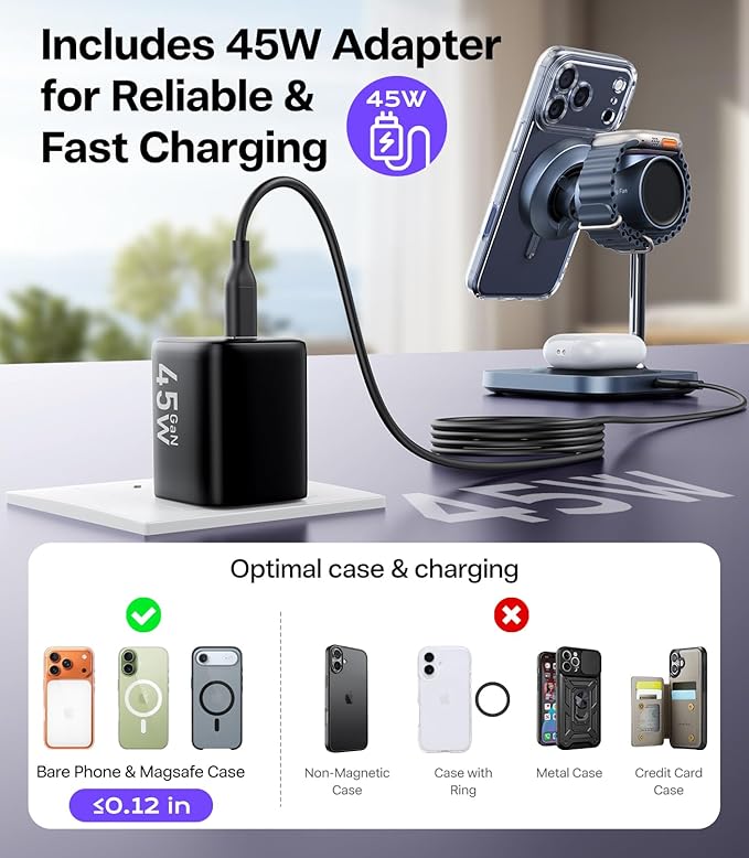 Qi2.2 Certified 25W Fast Charging Station with Cooling Fan, 3 in 1 Wireless Charger Design for MagSafe Charger for iPhone 17/16(iOS 26)/Pixel 10, Charging Stand with 45W Adapter for iWatch & AirPods