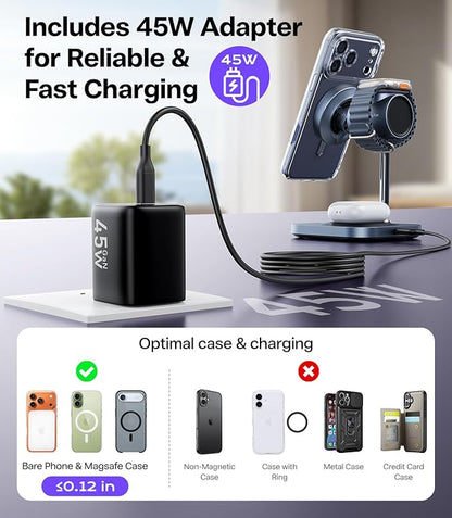 Qi2.2 Certified 25W Fast Charging Station with Cooling Fan, 3 in 1 Wireless Charger Design for MagSafe Charger for iPhone 17/16(iOS 26)/Pixel 10, Charging Stand with 45W Adapter for iWatch & AirPods