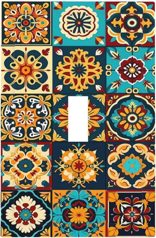 Mexican Talavera Ceramic Tile Moroccan Boho Decorative Light Switch Cover 1 Gang Single Toggle Device Electrical Faceplate Switchplates Decorator Outlet Wall Plate for Bathroom Kitchen Decor