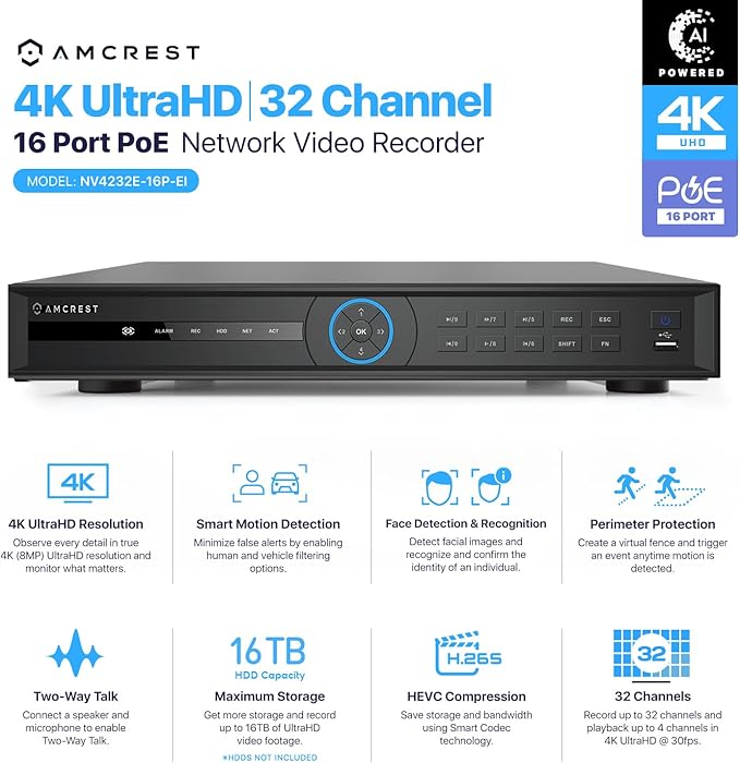 Amcrest 4K 32-Channel AI NVR (16-Port PoE) Smart NVR, Facial Recognition, Facial Detection & Vehicle Detection - Supports 32 x 4K IP Cameras, Pre-Installed 4TB Hard Drive NV4232E-16P-EI-4TB