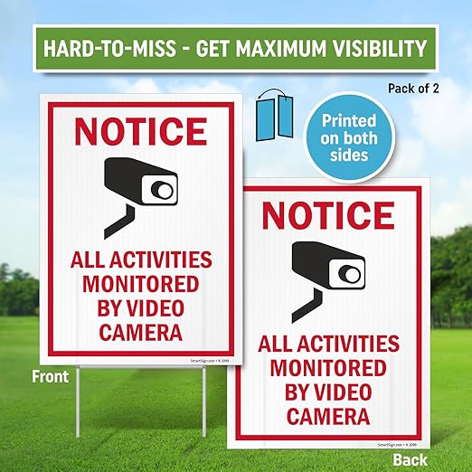 SmartSign (2-Pack) All Activities Monitored By Video Camera Yard Sign with 15" Metal H-Stake 9" x 12", Double Sided Sign with Camera Symbol, 160 mil Thick Corrugated Plastic Lawn Signs, USA-Made