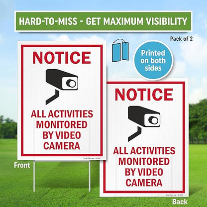 SmartSign (2-Pack) All Activities Monitored By Video Camera Yard Sign with 15" Metal H-Stake 9" x 12", Double Sided Sign with Camera Symbol, 160 mil Thick Corrugated Plastic Lawn Signs, USA-Made