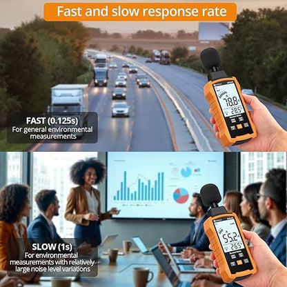 Neoteck 30-130dB Decibel Meter with A/C Weighted Digital Sound Level Meter with MAX/MIN Fast/Slow Response Rate Portable Backlight SPL Meter with Data Hold for Home Office Factories Noisy Neighbors