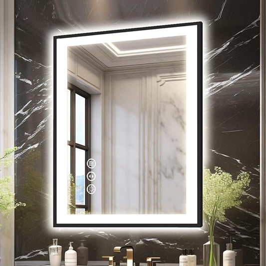20x28 Light up Bathroom Mirror,LED Vanity Mirror,Black Framed,Backlit + Front Lit,3 Colors Dimmable,Anti-Fog,Shatter-Proof,Touch Control,Anti-Corrosion,Memory(Horizontal/Vertical)