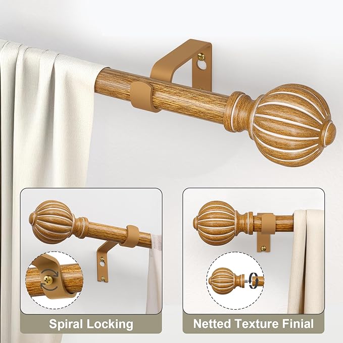 Wood Curtain Rods for Windows 72 to 144 Inch, 1'' Adjustable Heavy Duty Curtain Rod，Vintage Imitation Wood Grain Decorative Drapery Rods with Pumpkin Finials for Bedroom Living Room