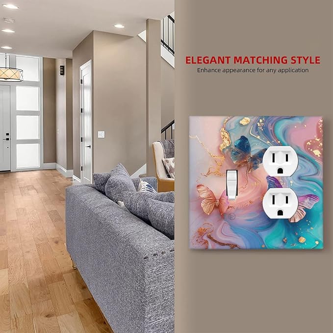 Colorful Marble Butterfly Gold Glitter Abstract Print Wallplates 1 Toggle 1 Duplex Switch Plate Electrical GFCI Faceplate Decorative Light Switch Covers for Bed Room Living Room Decor