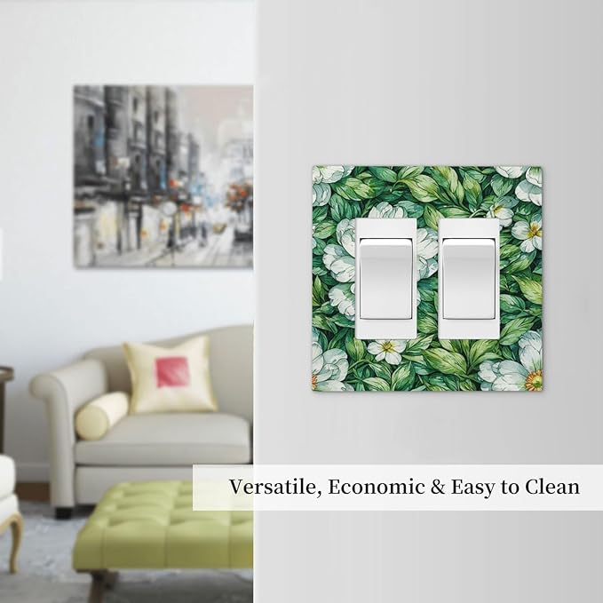 Vintage Floral White Flowers Green Plants Leaves Decorative Outlet Covers 2 Gang Double GFCI Rocker Light Switch Cover Plate Electrical Wall Panels for Bedroom Bathroom Decor