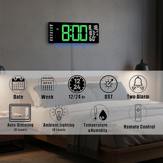 17.5 Inch Green LED Digital Wall Clock with 8 Ambient Light Colors｜Displays Time,Date,Day,Temperature&Humidity,Dual Alarms,Countdown&Stopwatch,DST,10-Level Auto/Manual Brightness｜Modern Silent Clock