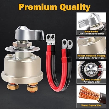 12-48V 200A Master Battery Disconnect Switch & 4 AWG 1FT Battery Cables Set, High Current Battery Power Cutoff Killer Switch for Car Vehicle RV Truck Boat Marine ATV On/Off Battery Isolator Switch