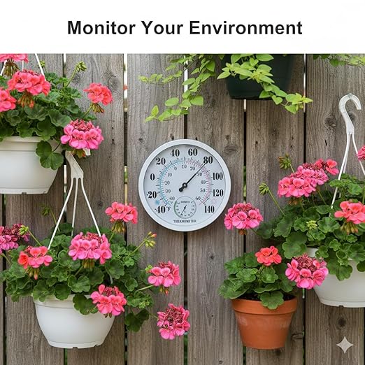 Outdoor Thermometer Hygrometer, 10 Inch Round Large White Gauge with Easy to Read Face, Waterproof Wall Mount for Patio, Garden, Garage, Home Outside Temperature and Humidity Monitor