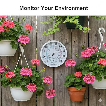 Outdoor Thermometer Hygrometer, 10 Inch Round Large White Gauge with Easy to Read Face, Waterproof Wall Mount for Patio, Garden, Garage, Home Outside Temperature and Humidity Monitor