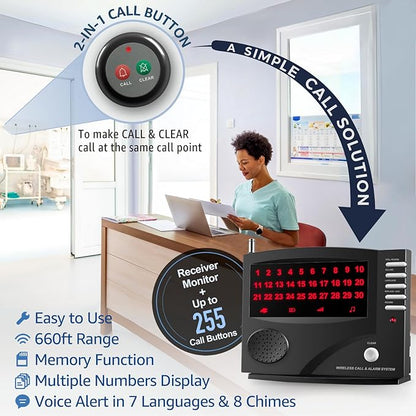 Wireless Call System Nurse Call System with 5 Dual Function Call Buttons and 1 Central Monitoring Unit for Clinic Restaurant Nursing Home Patients Caregiver Residents