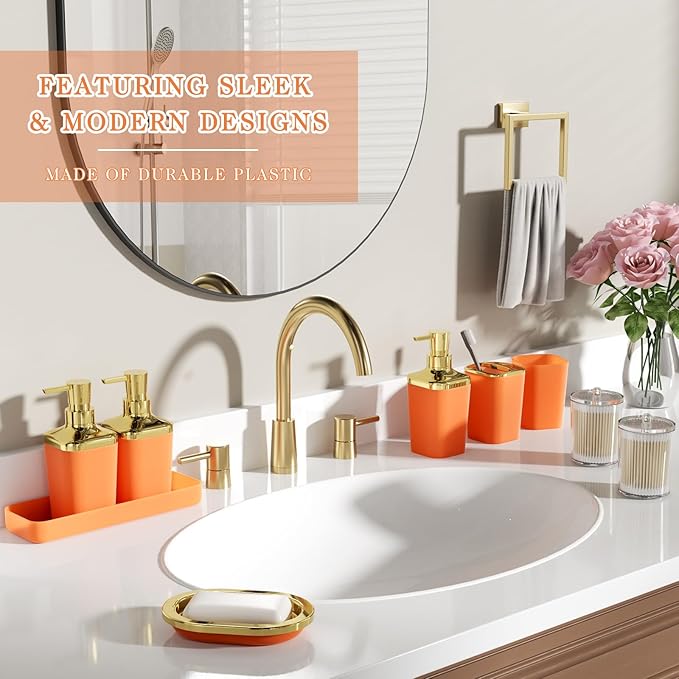 Bathroom Accessory Set, 11PC Bathroom Set, Orange Bathroom Accessories, Bathroom Accessories Set with Trash Can, 3PC Soap Dispensers and Toilet Brush