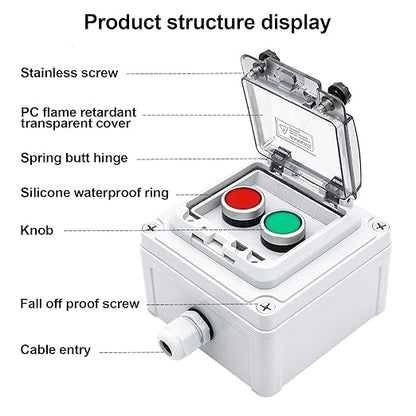 IP67 Button Switch Outdoor Waterproof Box 2 Green and Red Push Button Emergency Button with Protective Cover Anti-misoperation Switch(AC/DC 6A-110V/3A-240V/2.5A-380V)