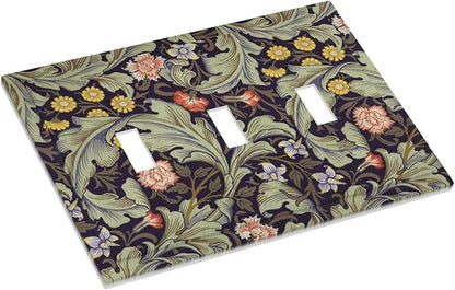 Boho William Morris Floral Green Leaves Flower Decorative Switch Plates 3 Gang Wall Plate Triple Toggle Light Switch Cover Faceplate Electrical Wall Panels for Farmhouse Home Decor