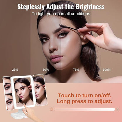 EASEHOLD Lighted Makeup Mirror with 3X Magnification, 3 Color Lights & Touch Sensor - Rechargeable Trifold Vanity Mirror for Travel, Desk, Home Use