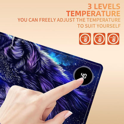 Heated Mouse Pad, Warm Desk Pad, Keyboard Mat 23.6 x 14 Inch Large Size Intelligent Fast Heating, 3 Speed Adjustable, Timed Auto Power Off for Game Office Home, Galaxy Wolf