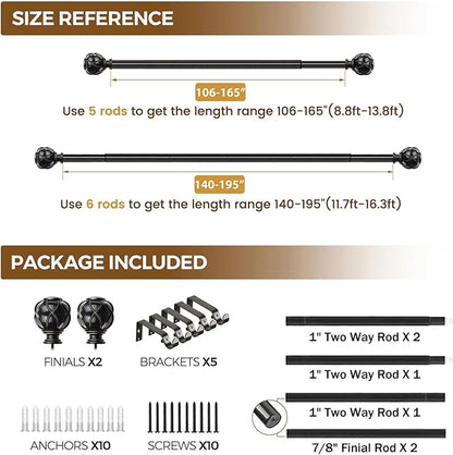 KAMANINA 1 Inch Extra Long Curtain Rod 140 to 195 Inches Black Heavy Duty Curtain Rods for Windows 120 to 170 Inch, Adjustable Drapery Rods with Netted Texture Finials