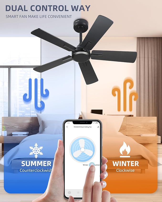 YOUKAIN Ceiling Fan No Light, 42 Inch Black Modern Ceiling Fans, Smart Ceiling Fan Works with Voice Control & Remote Control, Reversible Blades, Outdoor Ceiling Fans for Living room, 42-YJ812-BK-NL