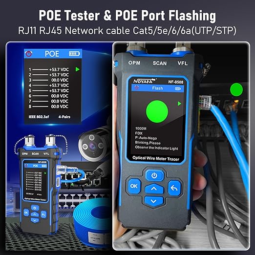 YILTION NF-8508 Network Cable Tester with Optical Power Meter VFL, RJ11 RJ45/PoE Tester/CAT5 CAT6/length Measurement, Telephone line Trace Meter with Headset, Network Tools