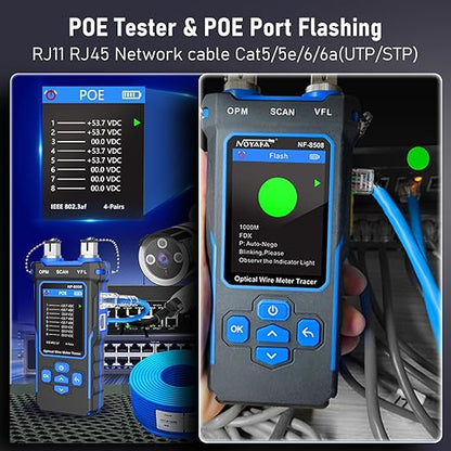YILTION NF-8508 Network Cable Tester with Optical Power Meter VFL, RJ11 RJ45/PoE Tester/CAT5 CAT6/length Measurement, Telephone line Trace Meter with Headset, Network Tools