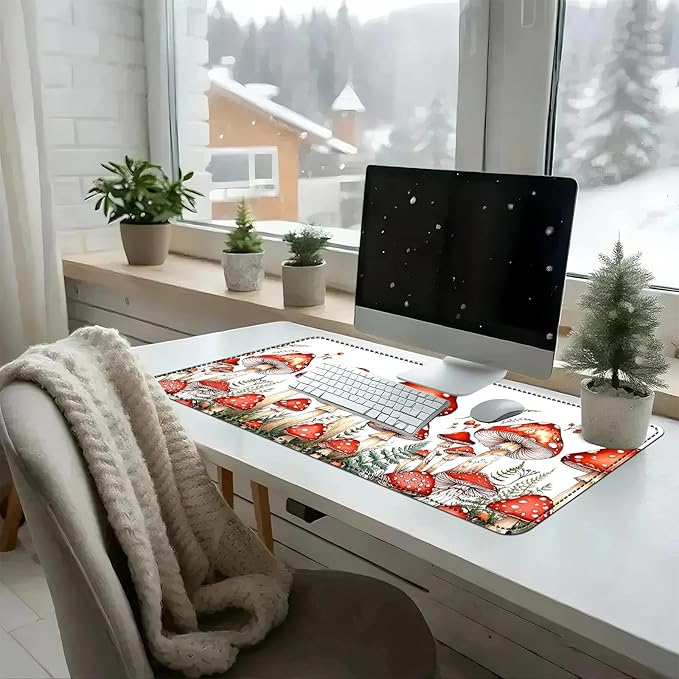 Heated Mouse Pad with 3 Temperature Settings(104°F–122°F),Large 31.5x13 Inch PU Leather Heated Desk Mat,Waterproof Warming Pad for Office,Gaming & Cold Hands Relief,Red Mushroom