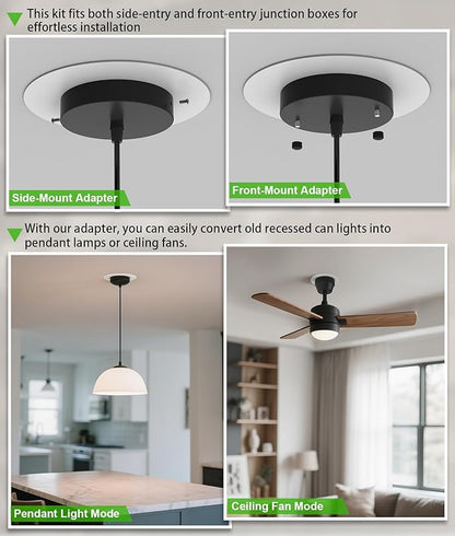 Recessed Can Light Conversion Kit for 5" and 6" Ceiling Fixtures - Pendant/Hanging Light Upgrade, Compatible with Ceiling Fans, Includes 7¾" Flat Steel Medallion, White Finish,2 Pack