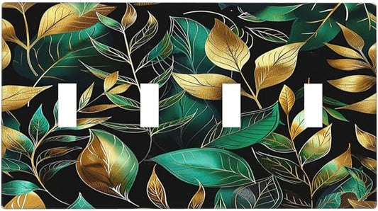 Light Switch Covers Vintage Dark Green Vine Leaf Golden Plants Quad Toggle Electrical Faceplate 4 Gang Wall Plate Decorative Switch Plates for Bed Room Cabin Decor