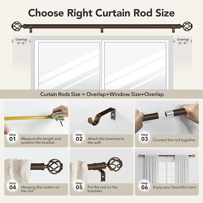 Curtain Rods for Windows 72 to 144, 1 Inch Adjustable Decorative Long Bronze Curtain Rod with Twisted Cage End, Modern Heavy Duty Outdoor Drapery Rods for Patio, Telescoping Splicing, Size 32" - 150"