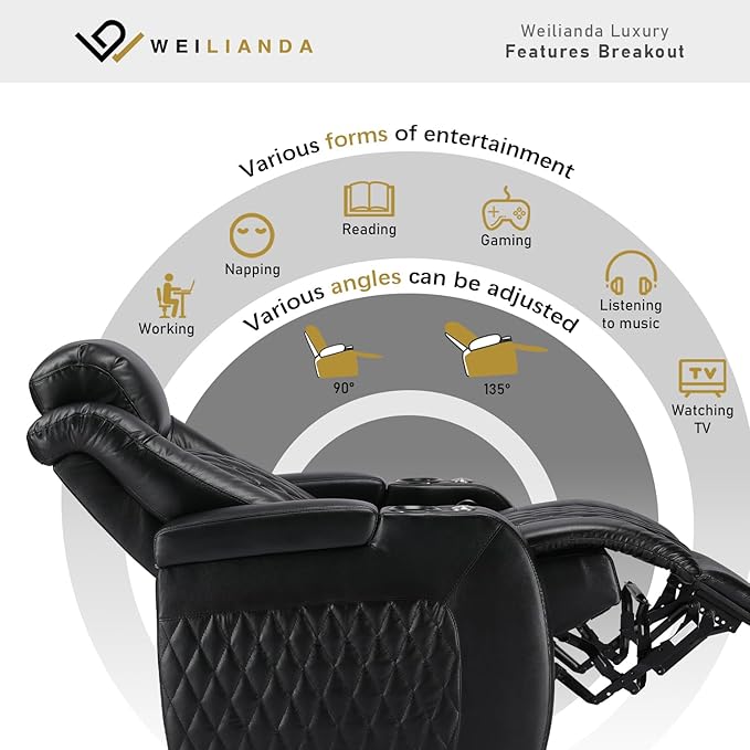 Weilianda Home Theater Seating Top Grain Leather Zero Gravity Recliner Chair Power Headrest Recline Movie Seat Gaming 7 Colors Mood Light Sofa with Tray Table USB Charge Row of 6 Black