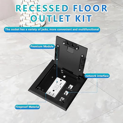 KYHSHJ Recessed Flat Hidden Socket Kit with 2 * 15 Amp Stainless Steel GFCI Tamper Receptacle Outlet+3-Port RJ45 Datacom Receptacle. Internal Height Adjustable，Corrosive Resistant Hardware，Black
