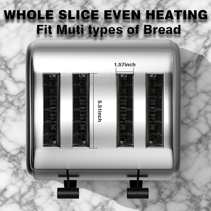 PYY Commercial Toaster 4 Slice for Restaurant - Wide Slots 1.57 inch Stainless Steel 6-Level Setting, with Removable Crumb Tray, 225 Slices/Hour 1800W - Bread, Bagels, Breakfast, Toast