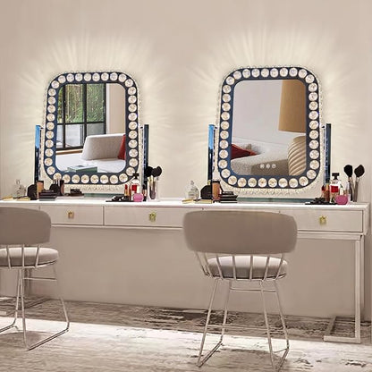 Hollywood Crystal Vanity Mirror with Lights 3 Color Adjustable Brightness Light 360° Rotation Large Crystal Lighted Vanity Mirror for Tabletop Desk Crystals LED Makeup Mirror with Lights