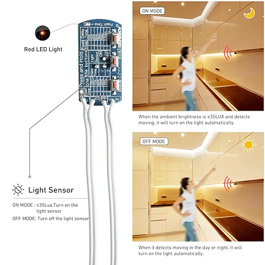 SENSKY BS010BW DC 12v to 24v 3A Mini Dimmable Pir Motion Sensor Switch Occupancy Sensor Switch for DIY LED Lighting,Kitchen Cabinet(White)