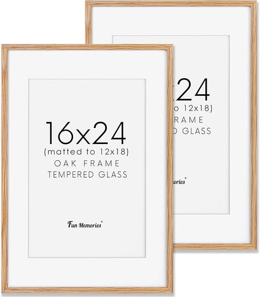 Fun Memories 16x24 Picture Frame for Wall, Solid Oak Wood With Real Glass, Matted to 12x18, Poster Frame (Beige Oak Color, 2 Pack)