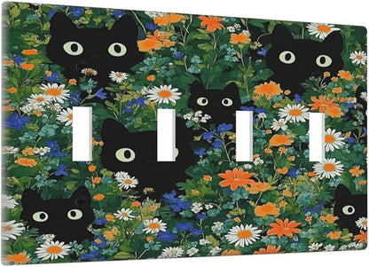 Boho Funny Black Cute Cats Daisy Wildflower Light Switch Covers Quad Toggle Electrical Faceplate 4 Gang Wall Plate Decorative Switch Plates For Kids Room Bed Room Decor