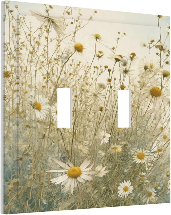 White Wildflowers Daisy Vintage Floral Decorative Switch Plates 2 Gang Double Toggle Outlet Light Switch Cover Wall Plate Electrical Faceplate for Bed Room Living Room Decor