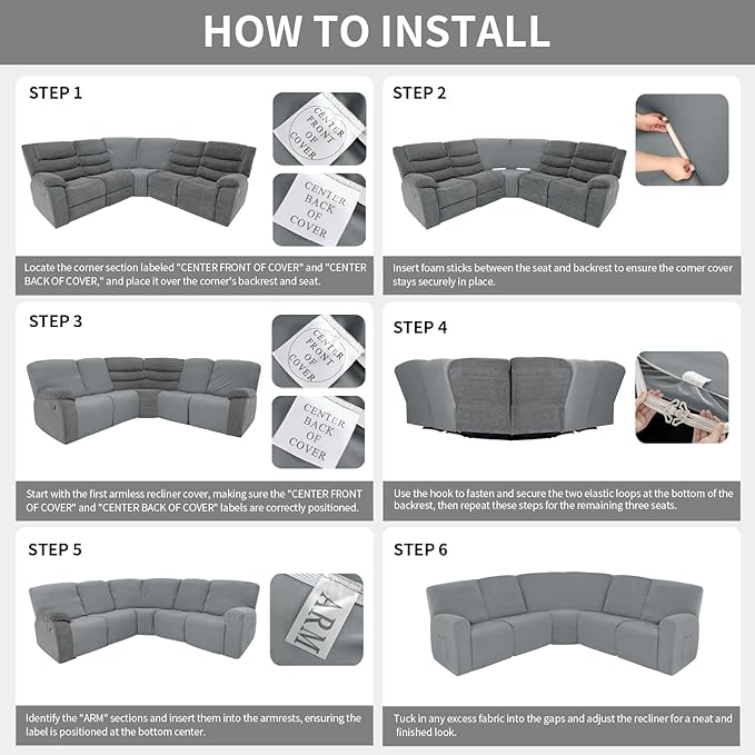 Easy-Going 100% Waterproof Recliner Cover, Stretch Couch Covers for Reclining Couches, Extra Large Sectional Sofa Slipcover, L-Shape Furniture Protector for Kids & Pets, 5 Seater, Light Gray