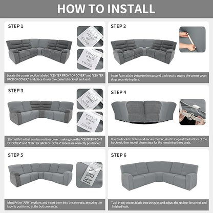 Easy-Going 100% Waterproof Recliner Cover, Stretch Couch Covers for Reclining Couches, Extra Large Sectional Sofa Slipcover, L-Shape Furniture Protector for Kids & Pets, 5 Seater, Light Gray