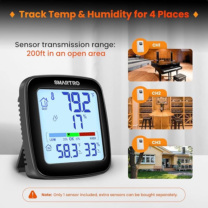SMARTRO SC92 Professional Indoor Outdoor Thermometer Wireless Digital Hygrometer Room Humidity Gauge Temperature and Humidity Meter Pro Accuracy Calibration