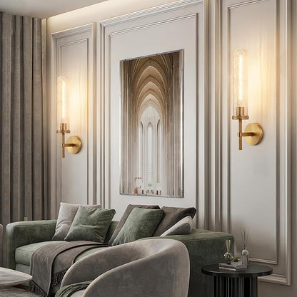 19.5" Knurled Brass Wall Sconce with Crackle Glass Tube, Gold Bathroom Vanity Light Fixtures, Modern Lamp Lighting for Bedroom, Living Room, Hallway, Staircase, Mirror, Kitchen