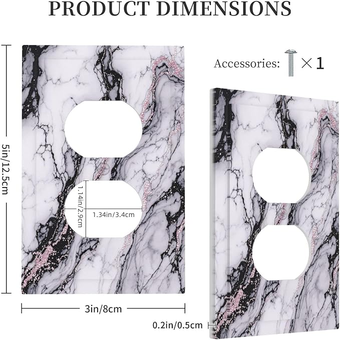 Outlet Covers White Marble Pattern Black Lines Pink Lines 1 Gang Duplex Wall Plate Decorative Switch Plates Electrical Receptacle Faceplate Light Switch Cover for living Room Office Decor