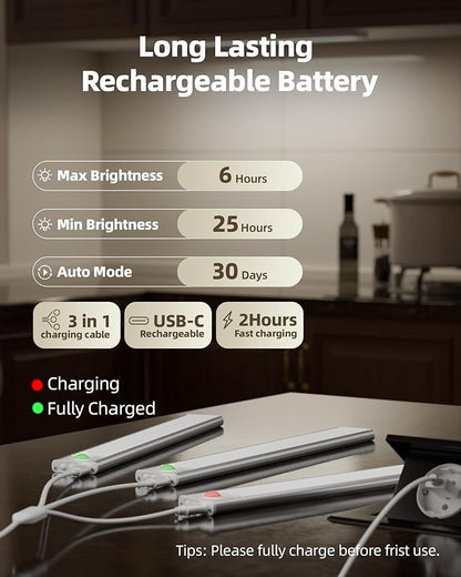 Under Cabinet Lighting Wireless,Rechargeable Battery Motion Sensor Light Indoor,LED Closet Lights USB Charging,3 Color Dimmable Under Cabinet Lights for Kitchen (3 Pcs) 7inch