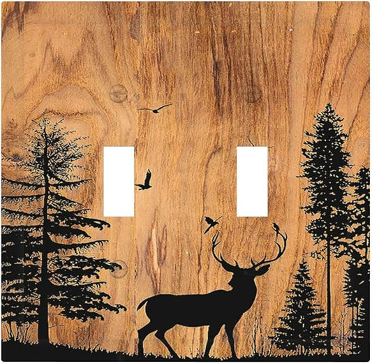 Decorative Switch Plates Rustic Farmhouse Orange Brown Pine Tree Deer Wood Grain 2 Gang Double Toggle Outlet Light Switch Cover Wall Plate Electrical Faceplate for living Room Cabin Decor