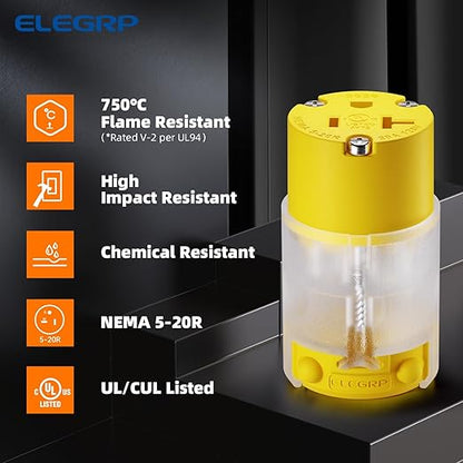 ELEGRP Lighted 20 Amp 125 Volt NEMA 5-20R 2 Pole 3 Wire Grounding Straight Blade Electrical Plug Replacement Cord Outlet Commercial Grade, Yellow, 2 Pack