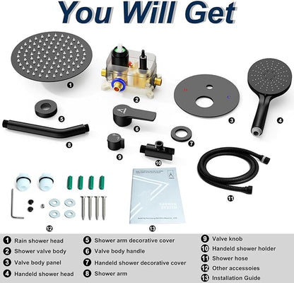 Shower Faucet Set 10IN Brass Rough-In Valve Body Trim Kit Rainfall Included Handle Accessories Complete 2 Functions with Rain Head and Handheld Bathroom Systems (10'', Matte Black)