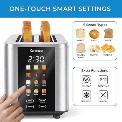 Kenmore 4-Slice Long Slot Toaster | Color Touch Screen & 6 Shade Settings | Extra Wide Slots | Digital Timer | Customizable Smart Presets | Reheat, Defrost, Add Time Functions | Stainless Steel