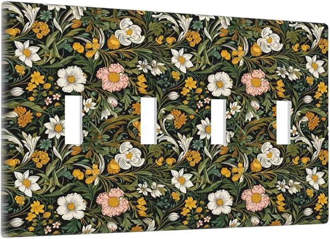 Decorative Light Switch Plate Covers Rustic Green Leaf White Daisy Yellow Floral 4 Gang Light Switch Cover Plate Quad Toggle Wall Plate Outlet Covers Faceplate for Bedroom Home Decor