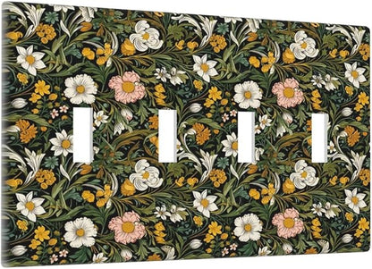 Decorative Light Switch Plate Covers Rustic Green Leaf White Daisy Yellow Floral 4 Gang Light Switch Cover Plate Quad Toggle Wall Plate Outlet Covers Faceplate for Bedroom Home Decor
